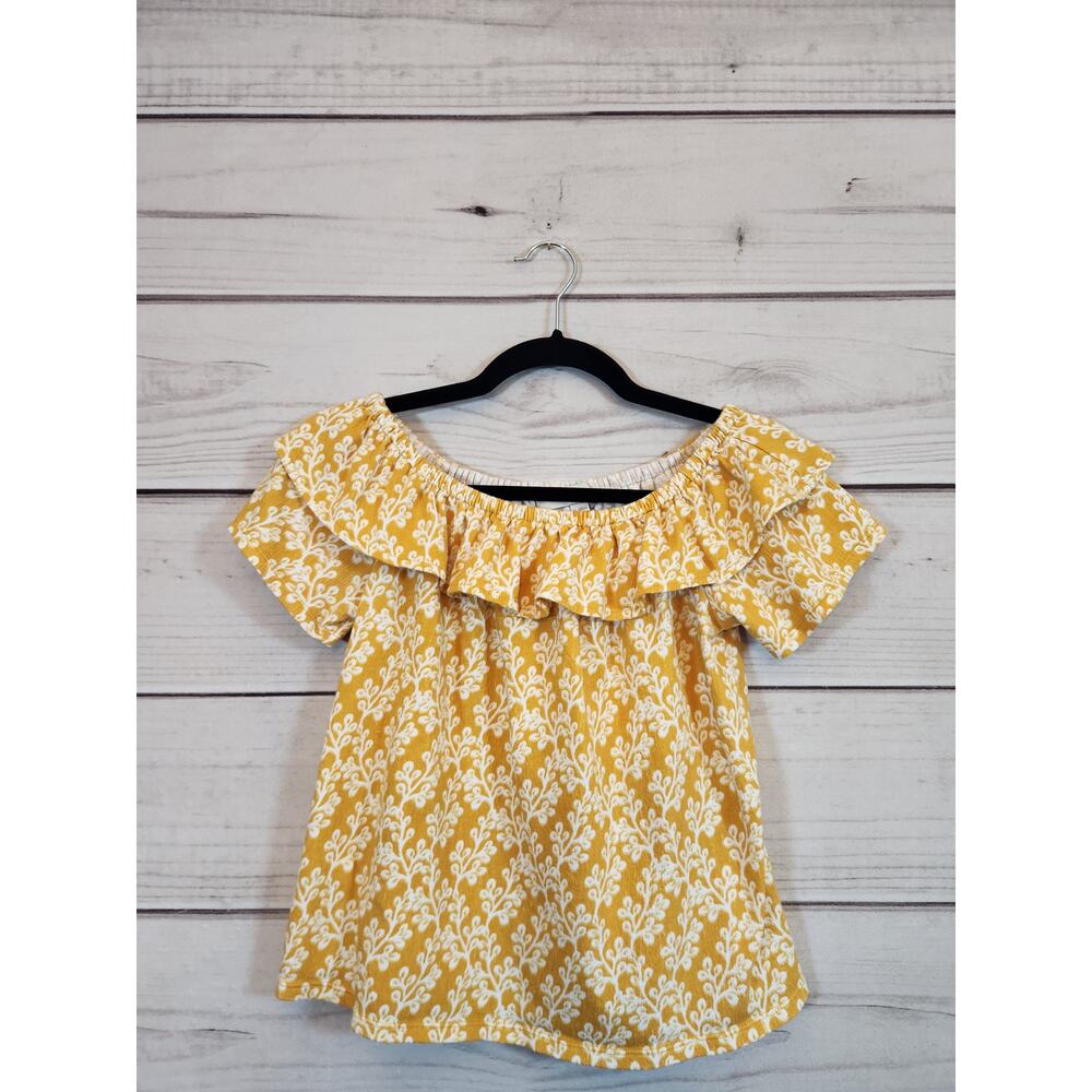Loft Womens Yellow White Floral Off The Shoulder Ruffle Knit Blouse Size Small